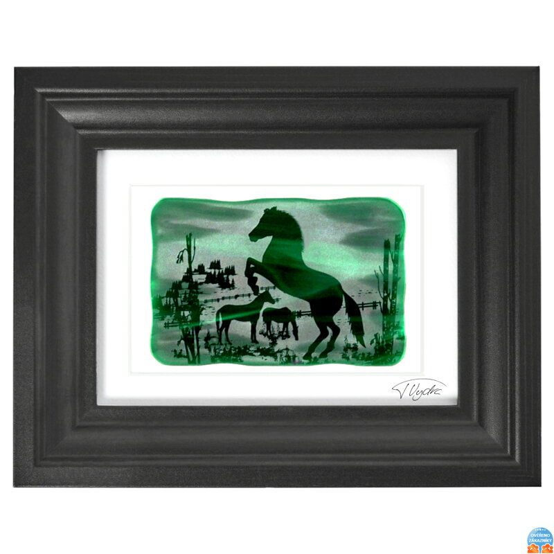 Koně - zelené vitrážové sklo v černém rámu 13 x 18 cm ( pasparta 10 x 15 cm )