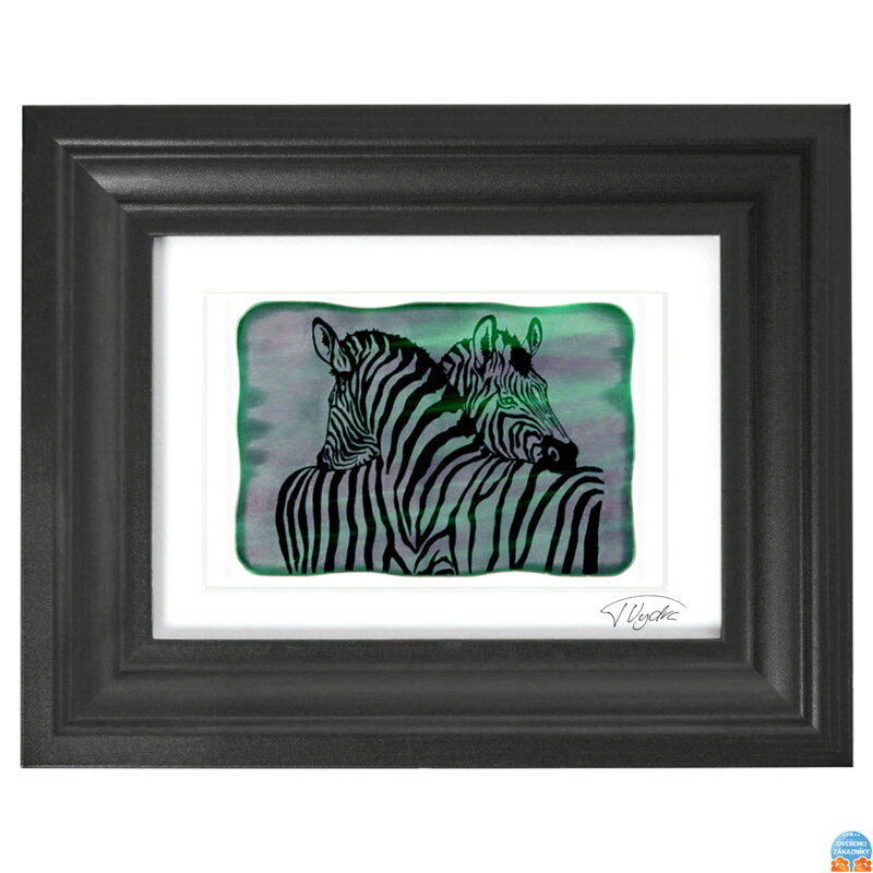 Zebra - grüne Glasmalerei in schwarzem Rahmen 13 x 18 cm (Passepart 10 x 15 cm)