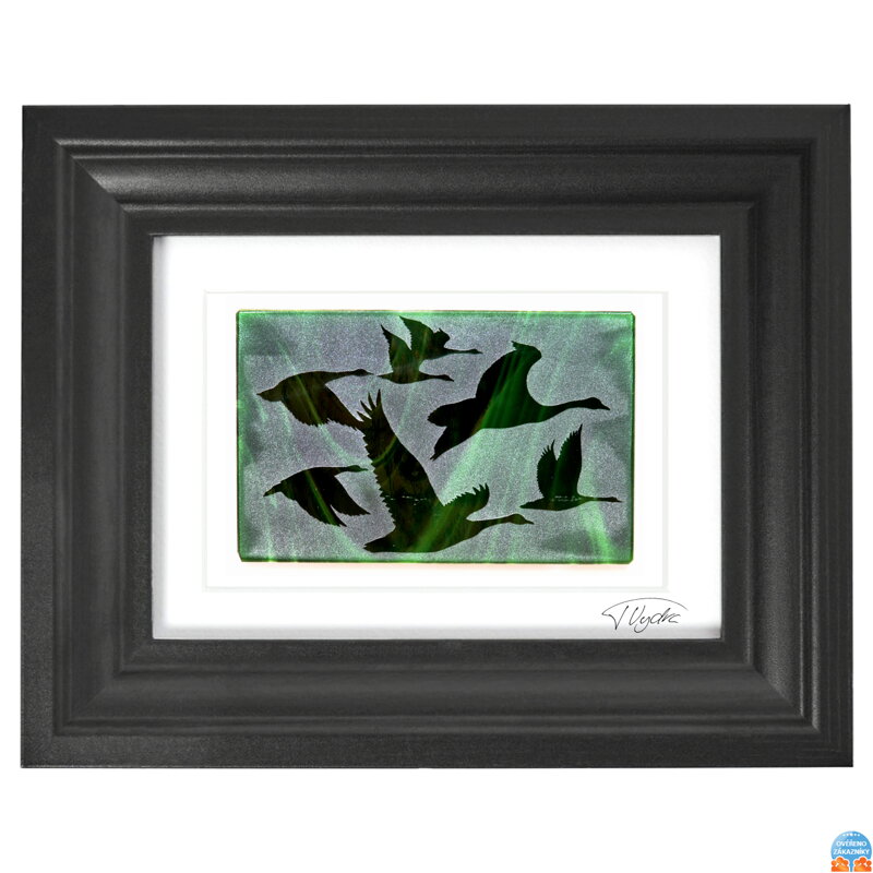 Husy - zelené vitrážové sklo v černém rámu 13 x 18 cm ( pasparta 10 x 15 cm )