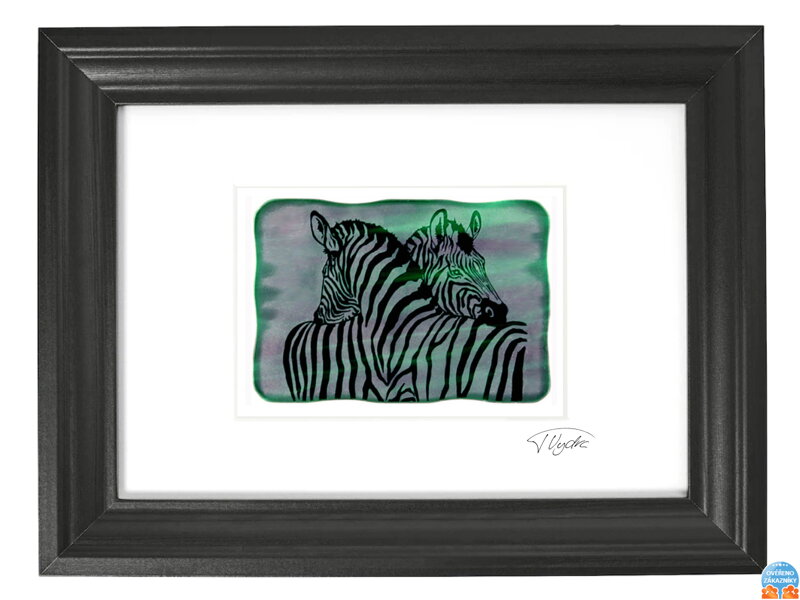 Zebra - zelené vitrážové sklo v čiernom ráme 21 x 30 cm ( pasparta 13 x 18 cm )