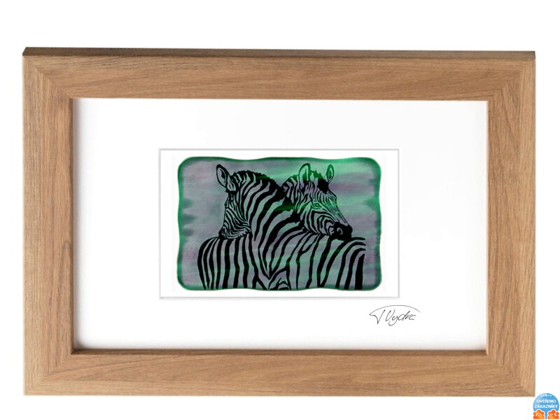 Zebra - grüne Glasmalerei in braunem Rahmen 21 x 30 cm (Passepartout 13 x 18 cm)