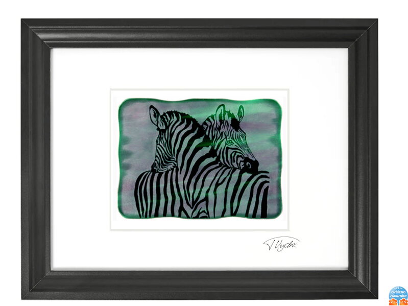 Zebra - zelené vitrážové sklo v černém rámu 30 x 40 cm ( pasparta 21 x 30 cm )