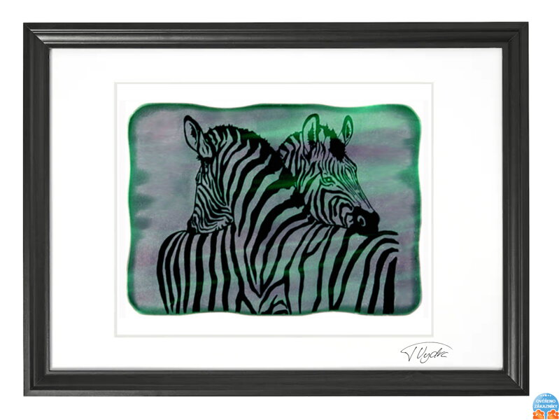 Zebra - grüne Glasmalerei in schwarzem Rahmen 50 x 70 cm (Passepartout 40 x 50 cm)