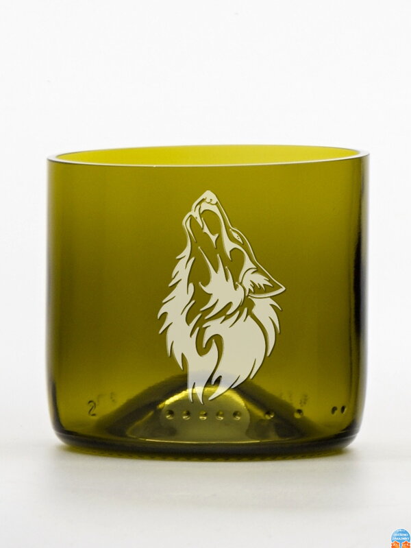2ks Eko poháre (z fľaše od vína) mini olivová (7 cm, 7,5 cm) motív Vlk