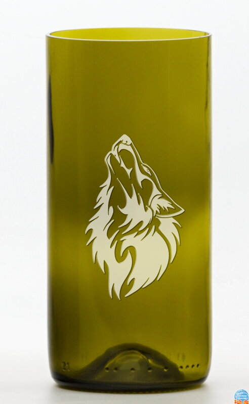 2ks Eko poháre (z fľaše od vína) veľká olivová (16 cm, 7,5 cm) motív Vlk