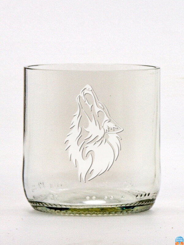 2 Stk. Öko-Gläser (aus einer Bierflasche) klein klar (7 cm, 6,5 cm) Wolfsmotiv