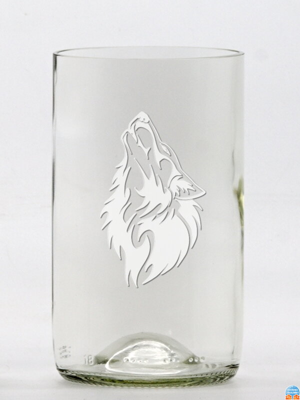 2ks Eko poháre (z fľaše od vína) stredná číra (13 cm, š 7,5 cm) motív Vlk