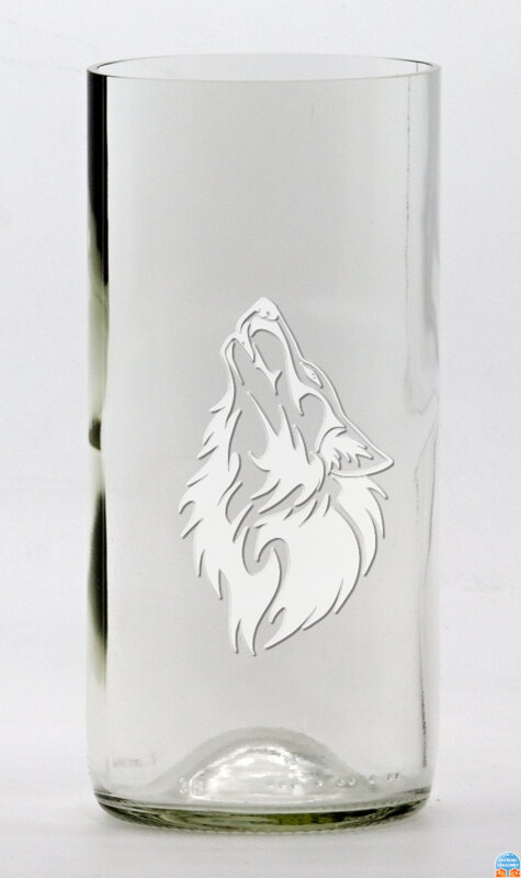 2 St. Öko-Gläser (aus einer Weinflasche) groß klar (16 cm, 7,5 cm) Wolfsmotiv