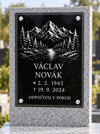 V 138. Černá náhrobní skleněná deska s obrázkem jezero a hory