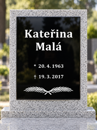 V6. Černá náhrobní skleněná deska s pírkem 
