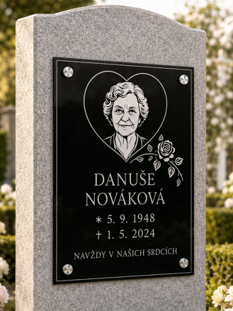V 39. Černá náhrobní skleněná deska s portrétem