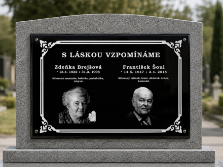 V9. Černá náhrobní skleněná deska s portrétem a rámečkem 