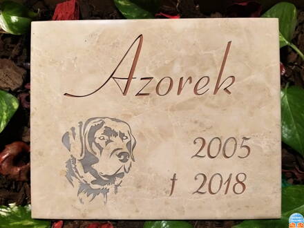 Zvířecí pomníček na zahradu - dlaždice 25 x 20 cm, hlava psa šedá, nápis hnědý nápis