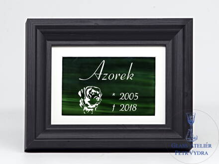 Pietní zvířecí pomníček - zelené vitrážové sklo v rámu - hlava psa a nápis 13 x 18 cm (pasparta 10 x 15 cm)