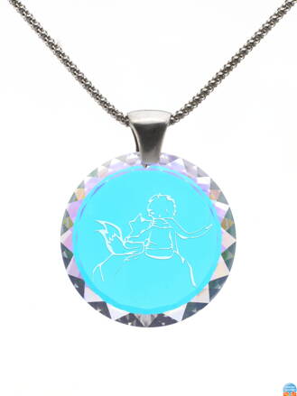 Skleněný broušený přívěšek ve tvaru kruh s pískovaným motivem Malý princ s liškou, barva Crystal AB, stříbrná šlupna a stříbrný řetízek