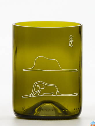 2ks Eko sklenice (z lahve od vína) střední olivová (13 cm, 7,5 cm) Malý princ a hroznýš