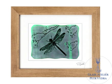 Vážka - zelené vitrážové sklo v hnědém rámu 30 x 40 cm ( pasparta 21 x 30 cm )