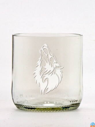2ks Eko sklenice (z lahve od piva) malá čirá (7 cm, 6,5 cm) Motiv Vlk