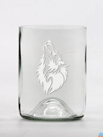 2ks Eko sklenice (z lahve od vína) malá čirá (10 cm, 7,5 cm) motiv Vlk