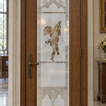 Dekorativní pískovaná tabule skla do okna, skříní nebo dveří ( andílek a secesní ornamenty)
